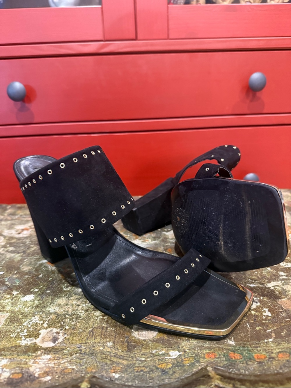 DKNY Black Studded Slide Mules with Gold Trim - Picture 3 of 6